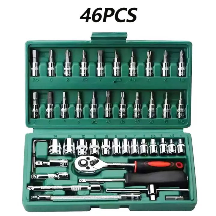 46pc Drive Socket Set 1/4 inch Ratchet Wrench Set with Sockets Metric Hex Bit Socket Set Mechanic Tool Kits for Hous Auto Repair